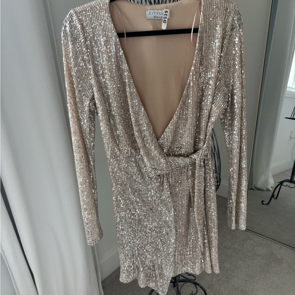 City Chic Gold Sequin Wrap Dress Long Sleeve Plunge